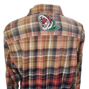 Upcycled Distressed Flannel with "Fire Piranha" Embroidered Patch Large
